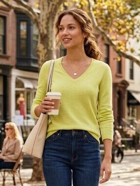 Lord & Taylor Women's Quiet Luxury Lime V-Neck Cashmere Blend Sweater Size Small